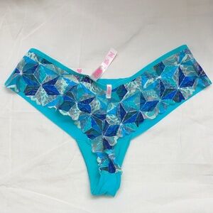 PINK Victoria's Secret Blue Geometric Lace Thong